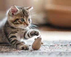 A playful kitten playing with a toy on the floor