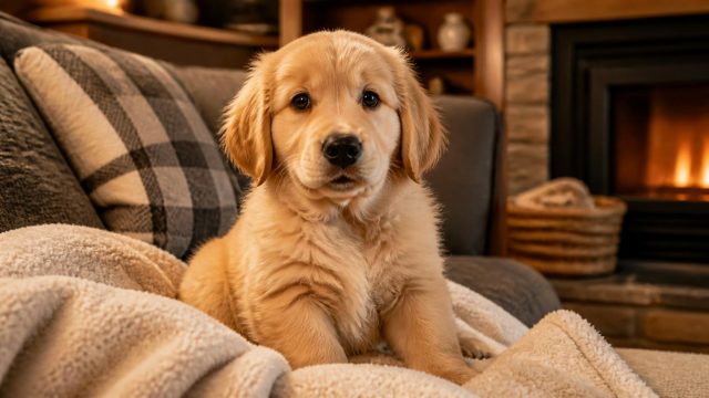 A cute, fluffy Golden Retriever puppy sitting comfortably on a soft blanket inside a cozy living room, warm lighting, highly detailed, photorealistic, 8k resolution