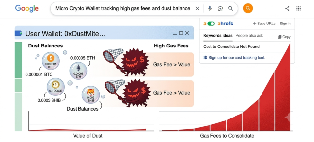 Illustration of tracking micro crypto wallets, handling high gas fees, and managing crypto dust balances